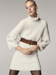 Massimo Dutti Wool Blend Ribbed Turtleneck Sweater Dress, Cream, Size M/L
